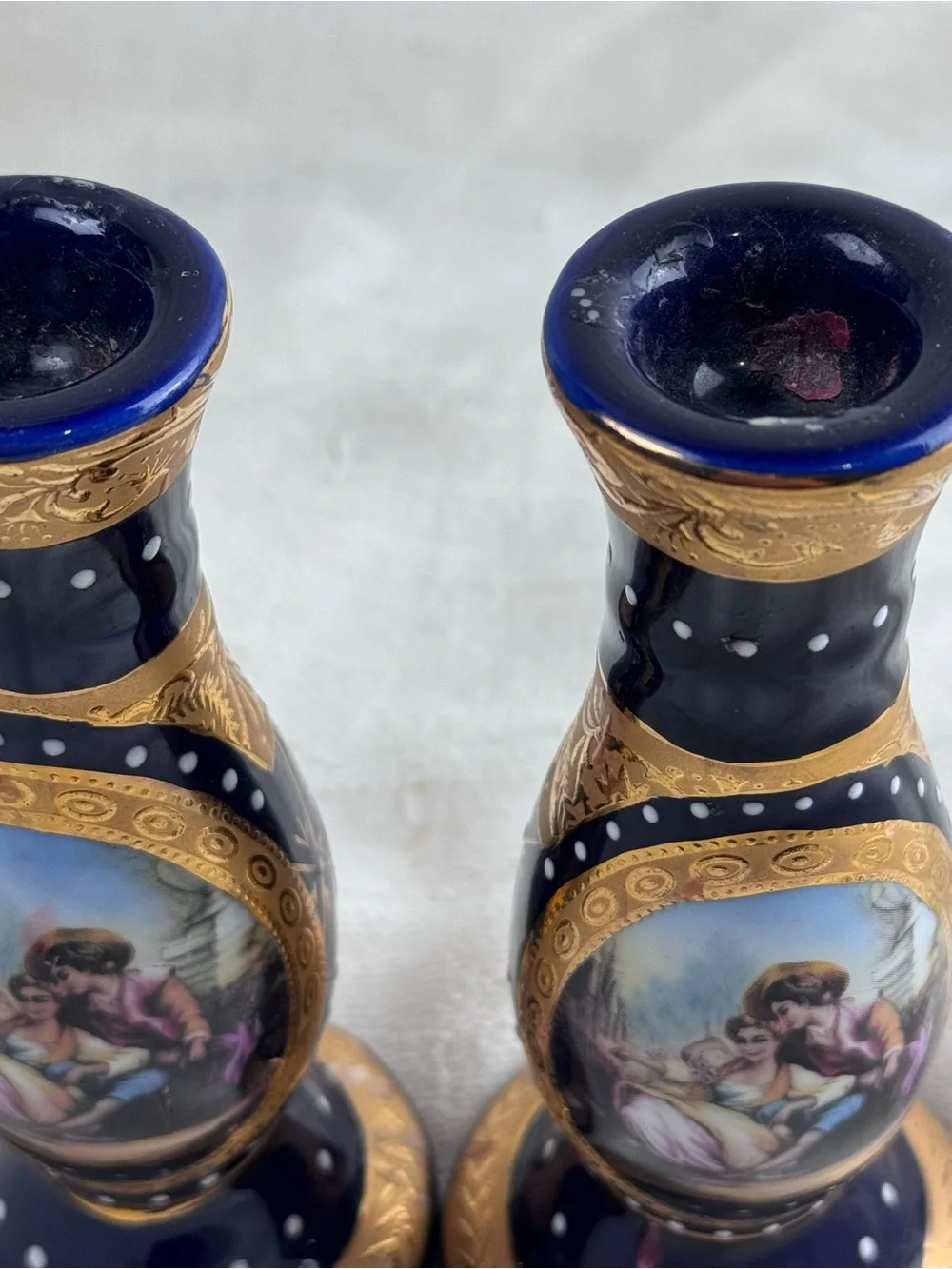 VTG Victorian Hollywood Regency Cobalt Blue Gold Courting Couple Candle Holders